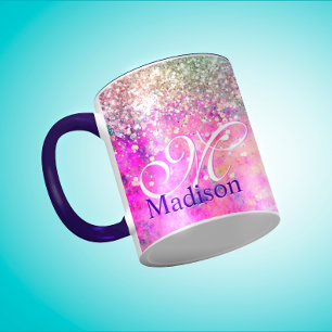 Cute irifallen silver faux glitter monogram för bä mugg