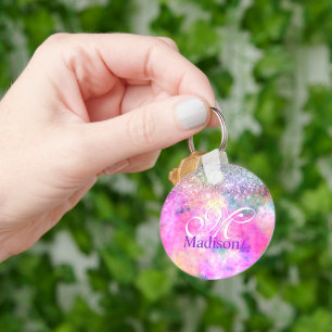 Cute irifallen silver faux glitter monogram för bä nyckelring