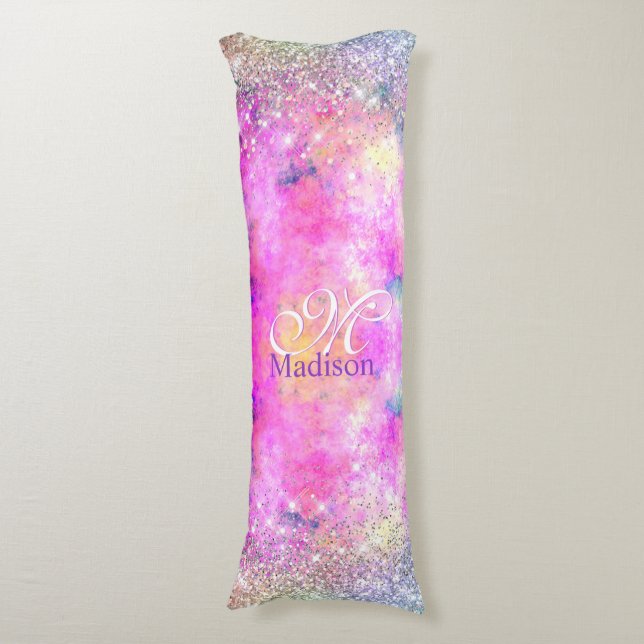 Cute irifallen silver faux glitter monogram kroppskudde (Framsidan Vertikal)