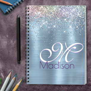 Cute irifallens isblått faux glitter monogram anteckningsbok