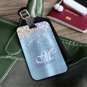 Cute irifallens isblått faux glitter monogram bagagebricka