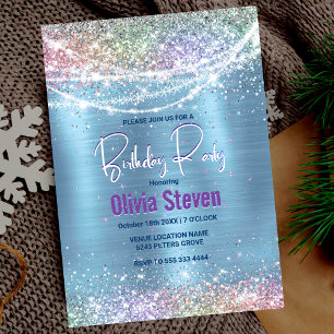 Cute irifallens isblått faux glitter monogram inbjudningar