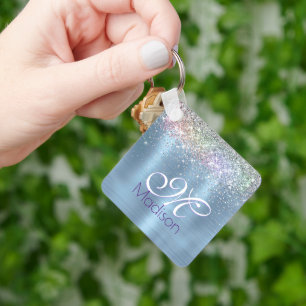 Cute irifallens isblått faux glitter monogram nyckelring