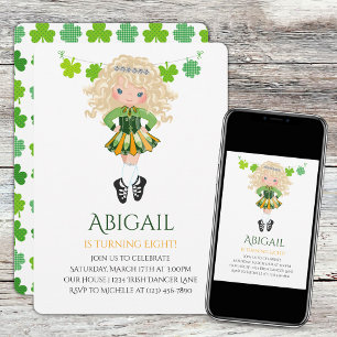 Cute Irish Dance Blond Girl Shamrocks Birthday Inbjudningar