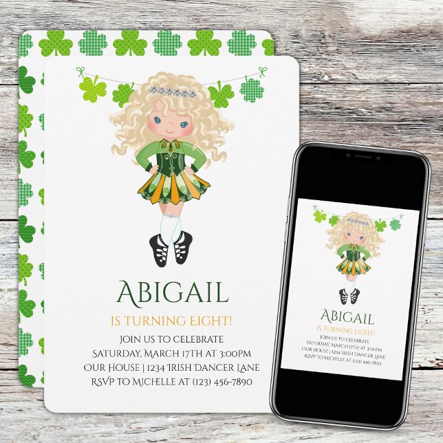 Cute Irish Dance Blond Girl Shamrocks Birthday Inbjudningar (Skapare uppladdad)