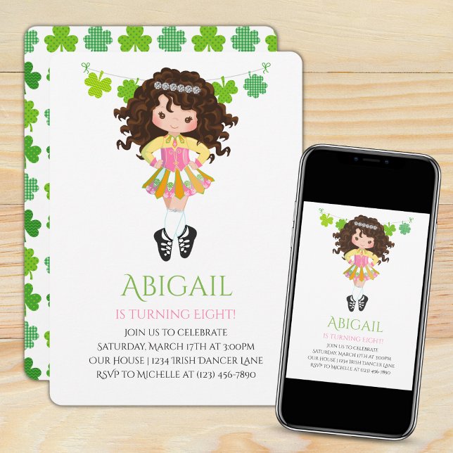 Cute Irish Dance Brunette Girl Shamrocks Birthday Inbjudningar (Skapare uppladdad)