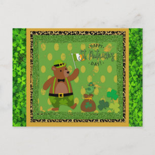 Cute Irish St patrick's day Bear Grönt Shamrock Vykort
