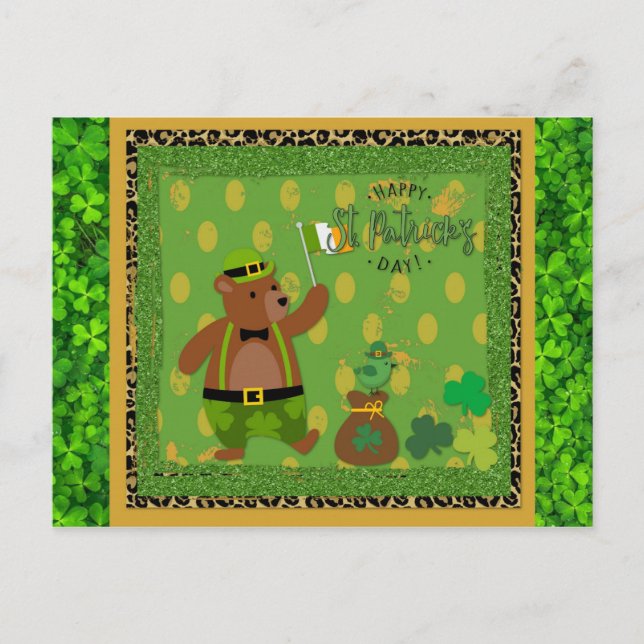 Cute Irish St patrick's day Bear Grönt Shamrock Vykort (Framsida)