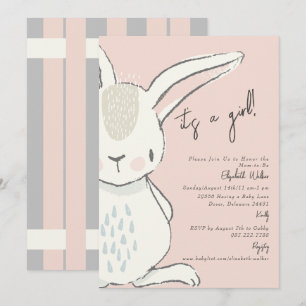 Cute It A Girl Rabbit Rosa and Grått Baby Shower Inbjudningar