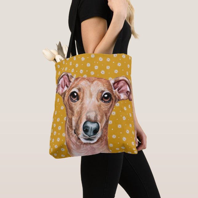 Cute Italy Greyhound Gult White Flower Mönster Tygkasse (Närbild)