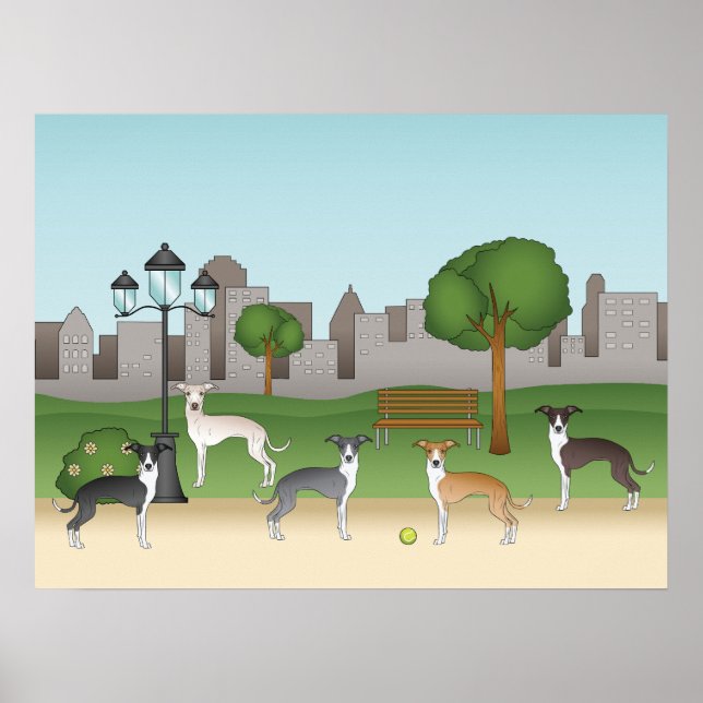 Cute Italy Greyhound Hundar i A Park Tecknad Art Poster (Framsidan)