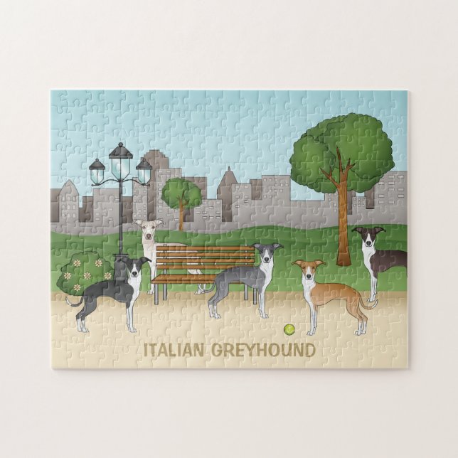 Cute Italy Greyhound Hundar i A Park Tecknad Art Pussel (Horisontell)