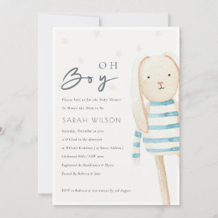 Cute Ivory Blue Bunny Oh Boy Baby Shower Inbjudan