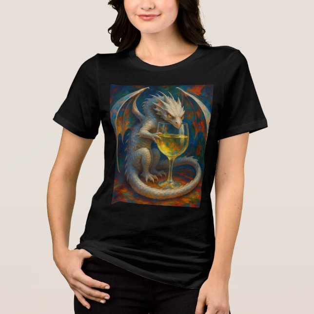 Cute Ivory Dragon & White Wine Fantasy Art T Shirt (Framsida)