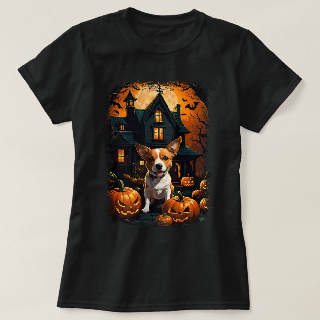 Cute Jack Russell A Spooky Hauny House Full Moon T Shirt (Design framsida)
