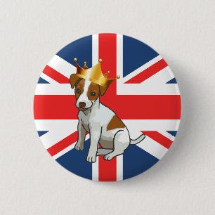 Cute Jack Russell med Krona och Union Jack Knapp