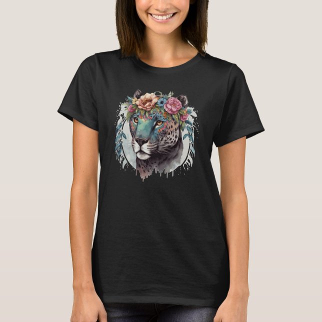 Cute Jaguar Flower Crown Africa Safari Animal T Shirt (Framsida)