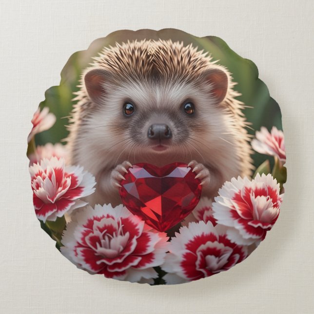 Cute January Hedgehog with Garnet Heart Rund Kudde (Framsidan)