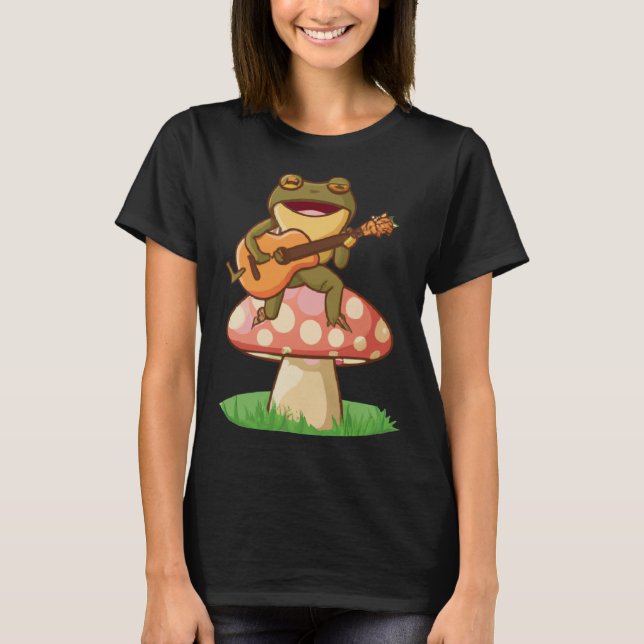 Cute Japanese frog playing guitar banjo on a mushr T Shirt (Framsida)