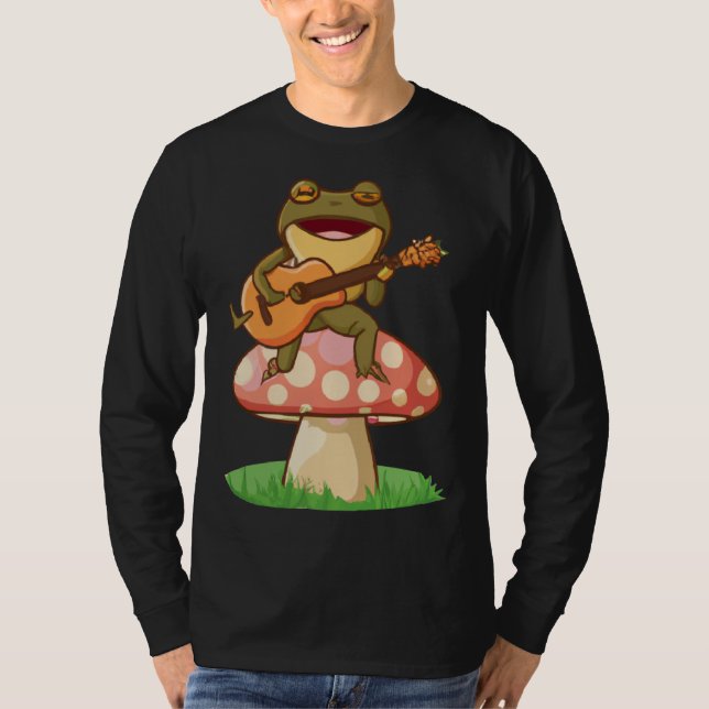 Cute Japanese frog playing guitar banjo on a mushr T Shirt (Framsida)
