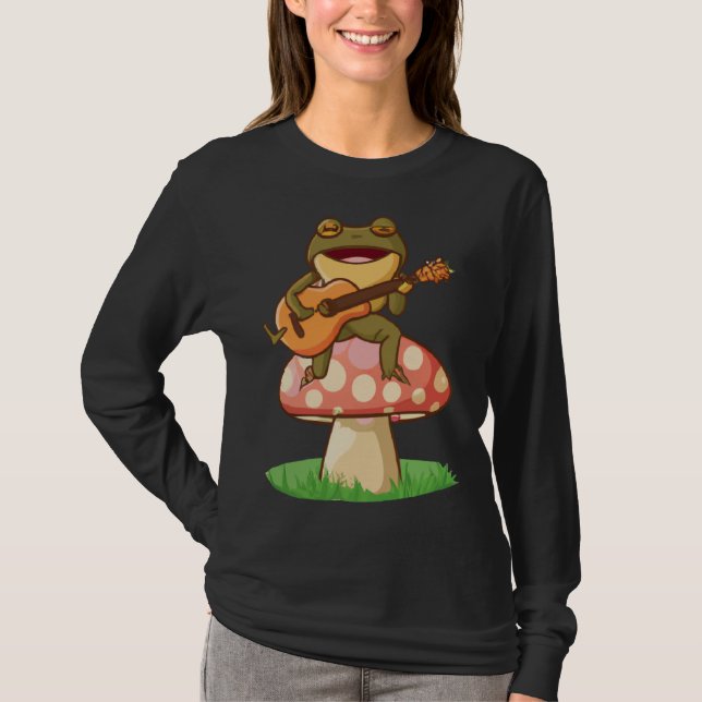Cute Japanese frog playing guitar banjo on a mushr T Shirt (Framsida)