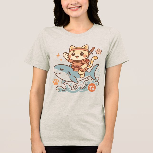  Cute Japanese Kawaii Samurai Cat Riding Shark T Shirt (Framsida)