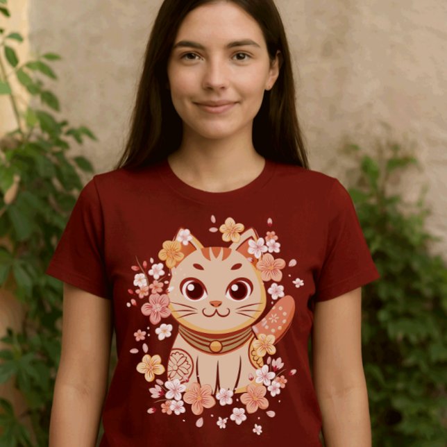 Cute Japanese Neko Cat with Cherry Blossoms T Shirt (Skapare uppladdad)