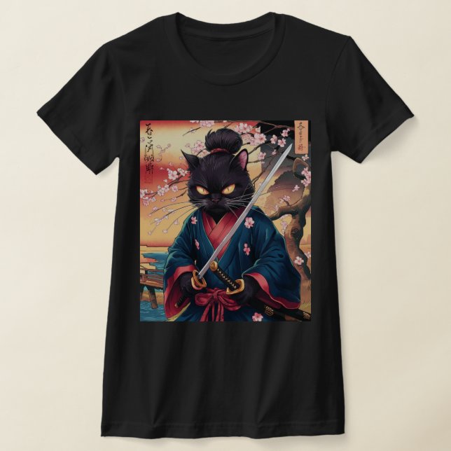 Cute Japanese Samurai Cat  T Shirt (Laydown)