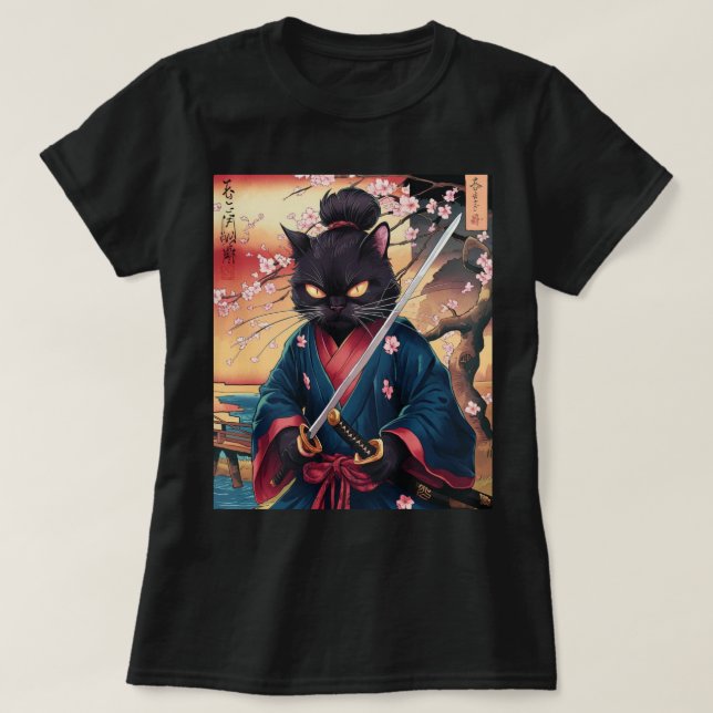 Cute Japanese Samurai Cat  T Shirt (Design framsida)