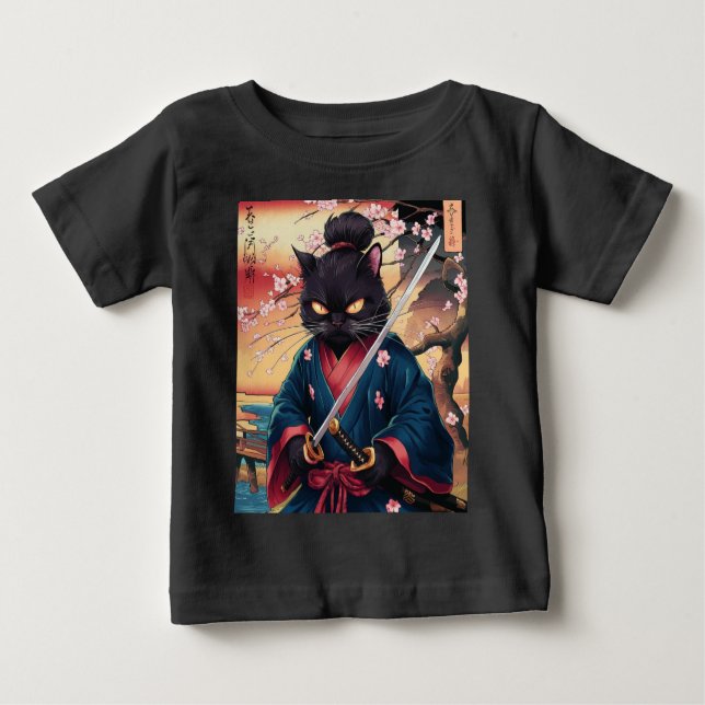 Cute Japanese Samurai Cat  T Shirt (Framsida)