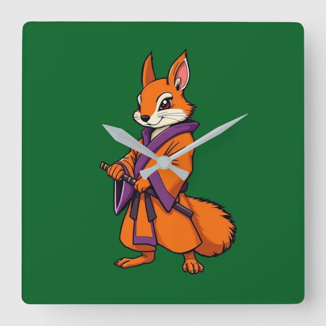 Cute Japanese Samurai Squirrel Fyrkantig Klocka (Framsida)