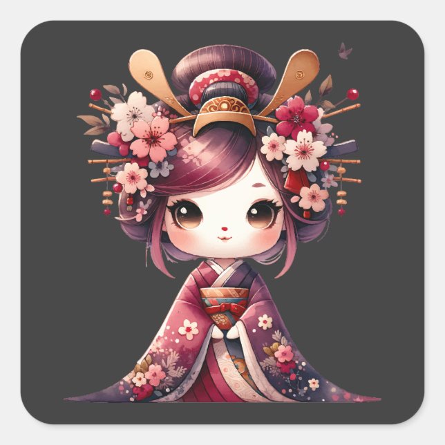 Cute Japansk Geisha Fyrkantigt Klistermärke (Framsida)