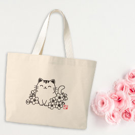 Cute Japansk katt och Sakura med "Neko" Frimärke Jumbo Tygkasse