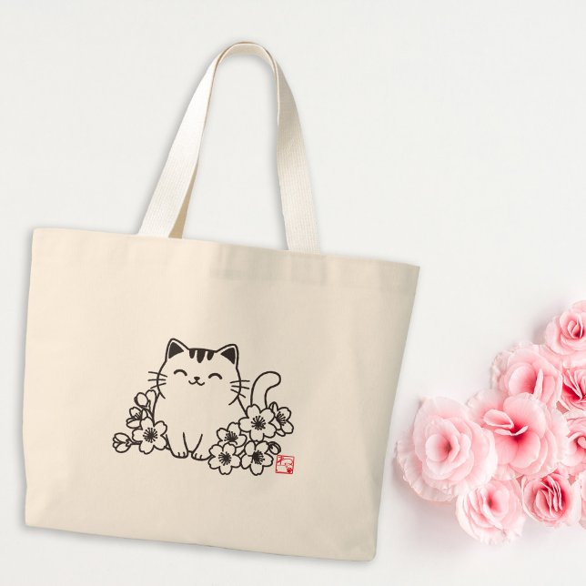 Cute Japansk katt och Sakura med "Neko" Frimärke Jumbo Tygkasse (Skapare uppladdad)