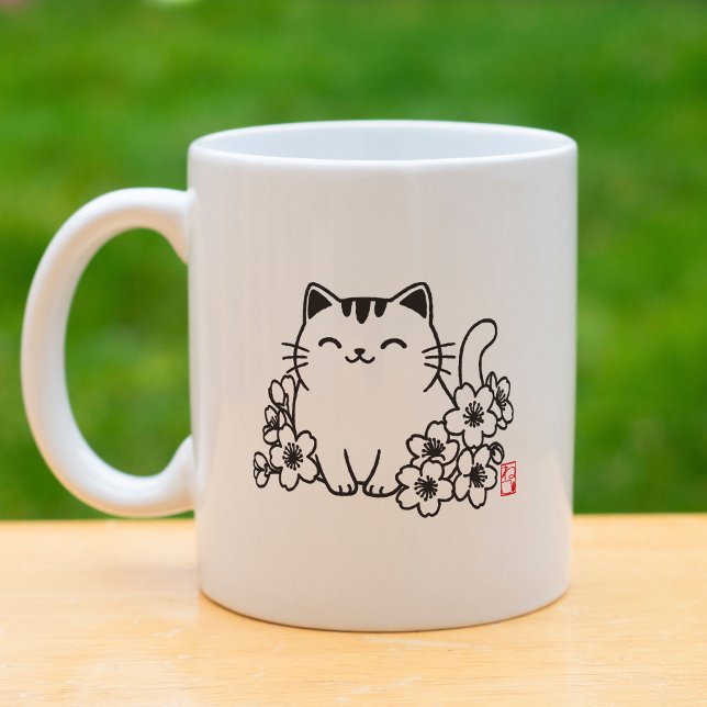 Cute Japansk katt och Sakura med "Neko" Frimärke Kaffemugg (Skapare uppladdad)