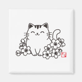 Cute Japansk katt och Sakura med "Neko" Frimärke Magnet