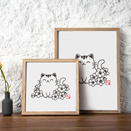 Cute Japansk katt och Sakura med "Neko" Frimärke Poster