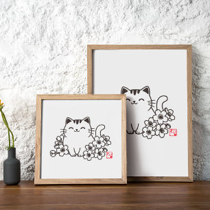 Cute Japansk katt och Sakura med "Neko" Frimärke Poster