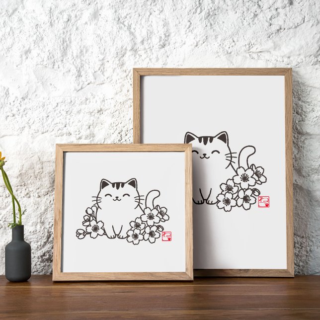 Cute Japansk katt och Sakura med "Neko" Frimärke Poster (Skapare uppladdad)