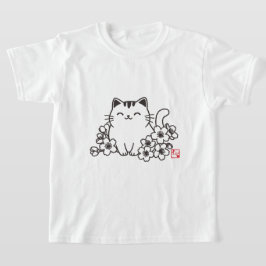 Cute Japansk katt och Sakura med "Neko" Frimärke T Shirt
