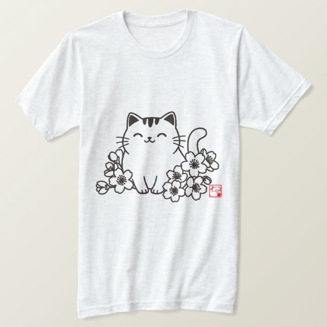 Cute Japansk katt och Sakura med "Neko" Frimärke T Shirt (Design framsida)