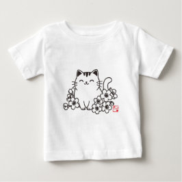 Cute Japansk katt och Sakura med "Neko" Frimärke T Shirt