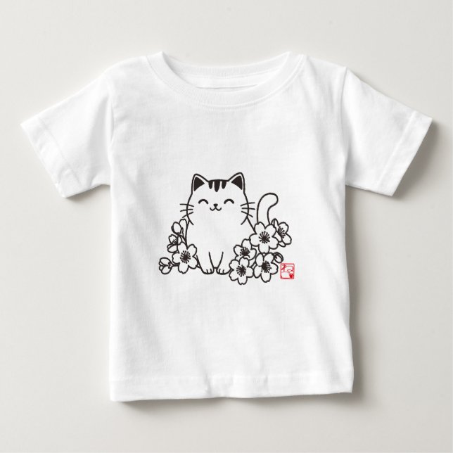 Cute Japansk katt och Sakura med "Neko" Frimärke T Shirt (Framsida)