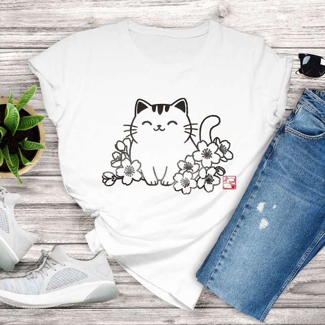 Cute Japansk katt och Sakura med "Neko" Frimärke T Shirt (Skapare uppladdad)