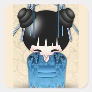 Cute Japansk Kokeshi Doll Fyrkantigt Klistermärke