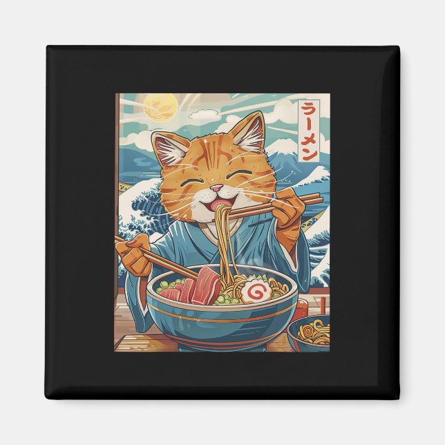 Cute Japansk Ramen-katt Den Underbara vågen Magnet (Framsidan)