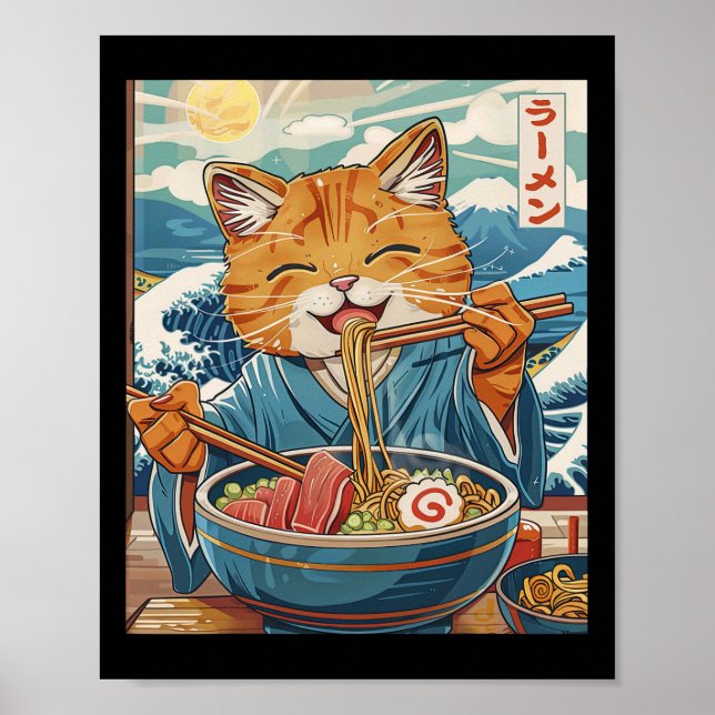 Cute Japansk Ramen-katt Den Underbara vågen Poster (Framsidan)