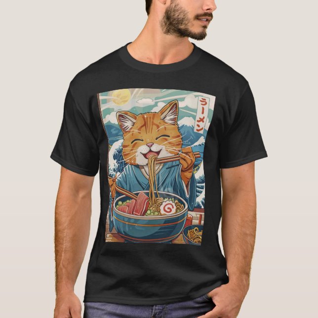 Cute Japansk Ramen-katt Den Underbara vågen T Shirt (Framsida)