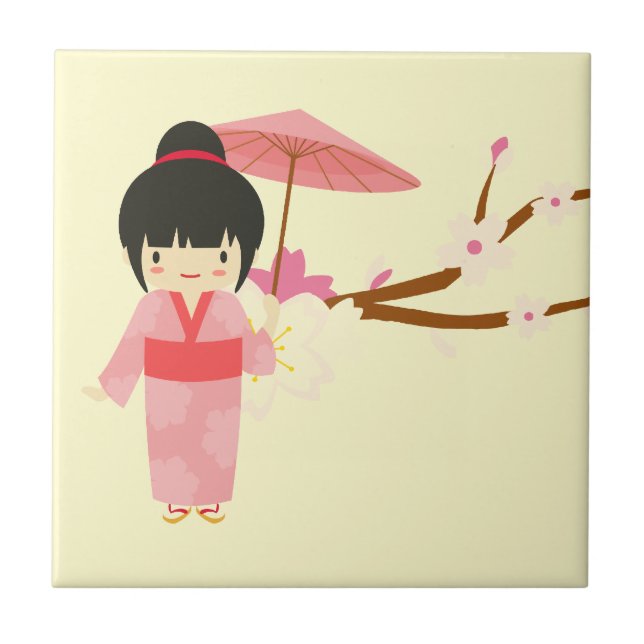 Cute Japansk rosa Cherry Blommar Geisha Kakelplatta (Framsidan)
