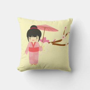 Cute Japansk rosa Cherry Blommar Geisha Kudde